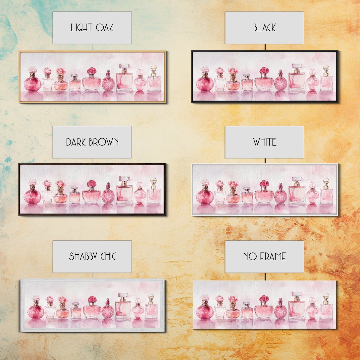 Framed Canvas Print Perfume Bottle Art Pink Abstract Art Feminine Decor Gift Idea Minimalist Living Room Wall Art Horizontal Painting