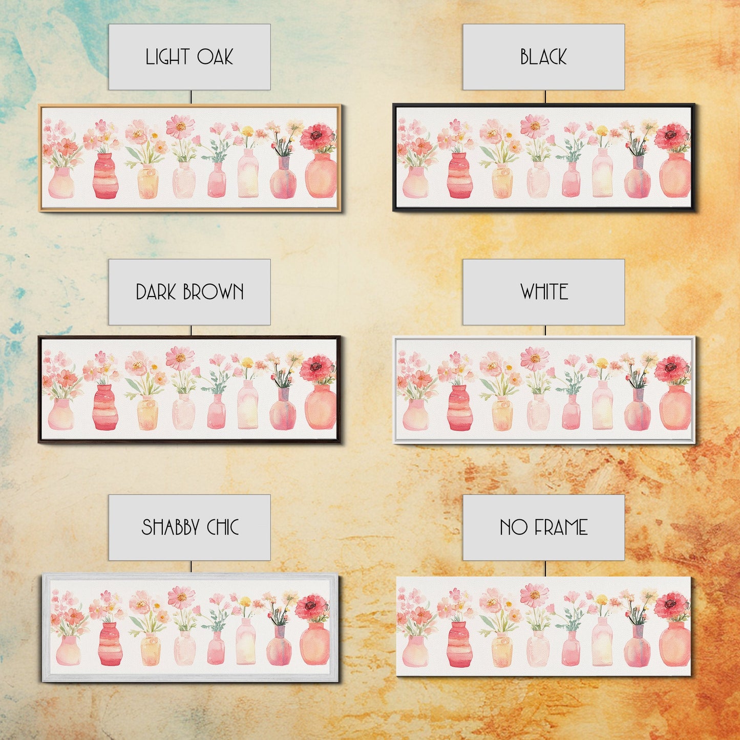 Wildflower Botanical Prints Framed Canvas Print Light Pink Wall Art Living Room Decor Horizontal Rustic Floral Painting