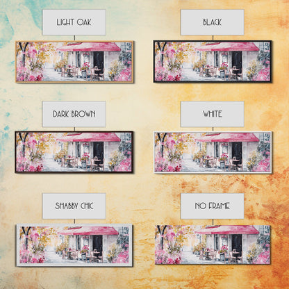 Parisian Cafe Cherry Blossom Painting Framed Canvas Print Extra Wide Art Horizontal Wall Art Rustic Above Sofa Decor