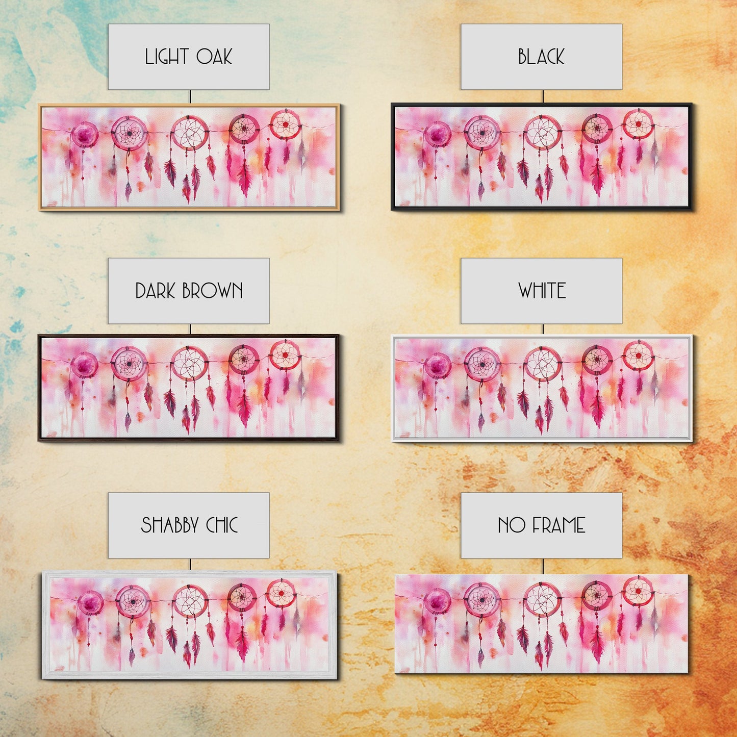 Dreamcatcher Canvas Print, Pink Orange Wall Art with Whimsical Artistic Feathers, Boho Art Idea for Living Room or Above Couch