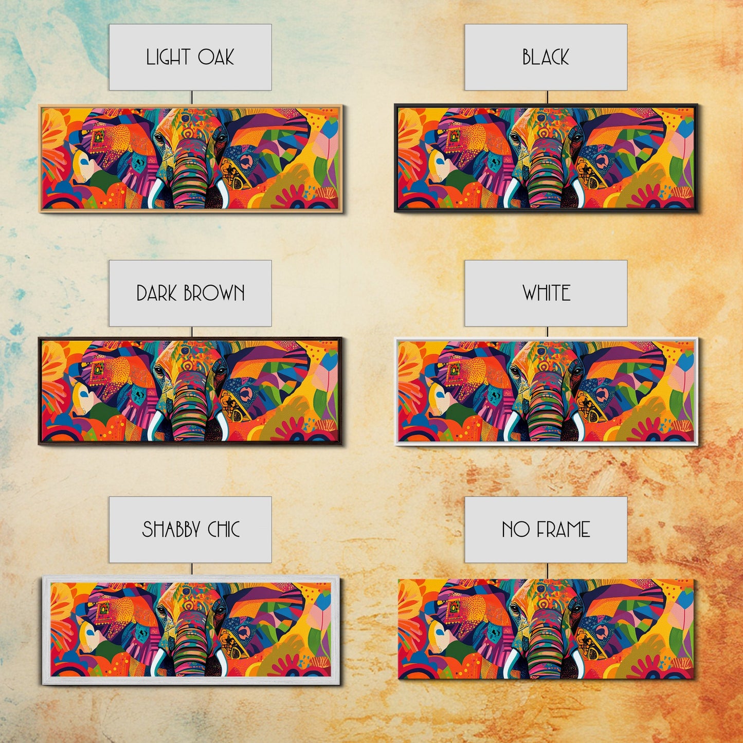 Vibrant Canvas Print of Colorful Abstract Elephant Wall Art, African Art, Whimsical Living Room Art, Boho Art, Horizontal Wall Art