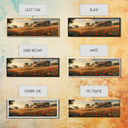 Sunlit Poppy Meadow Framed Canvas Print – Rustic Decor, California Poppy Art, Landscape Painting, Extra Wide Art, Guest Room Art