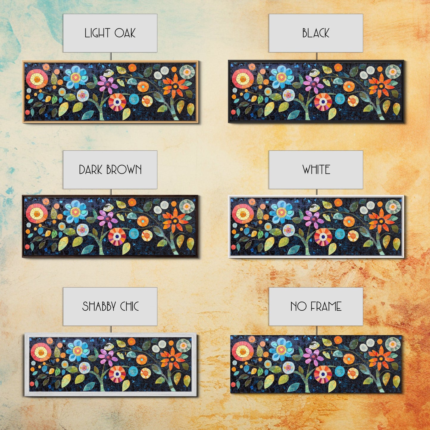 Mosaic Wall Art Wildflower Painting Framed Canvas Print, Botanical Print Horizontal Artwork, Whimsical Art Piece Above Sofa Decor