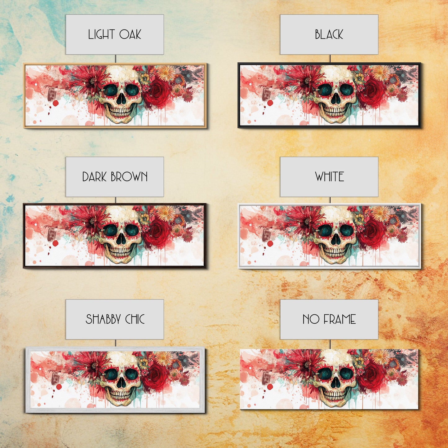 Vibrant Skull Art Framed Canvas Print, Dark Angels Wall Art with Floral Design, Skull and Rose Painting, Gothic Floral Home Decor, Boho Wall Art