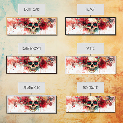 Vibrant Skull Art Framed Canvas Print, Dark Angels Wall Art with Floral Design, Skull and Rose Painting, Gothic Floral Home Decor, Boho Wall Art