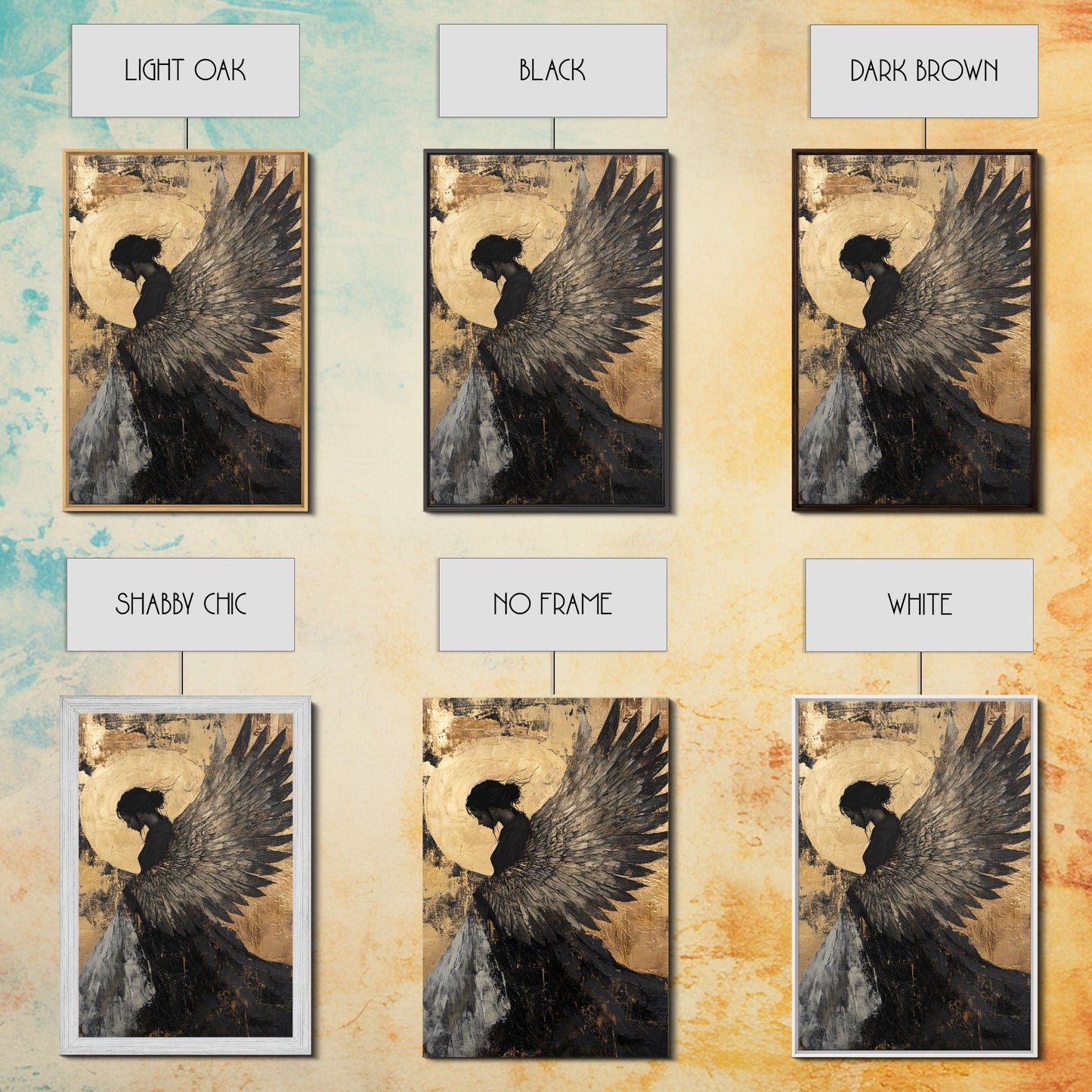 Golden Angel Wings Framed Canvas Print Dark Angel Wall Art Moody Gothic Artwork Gold Abstract Print Rustic Wall Decor Gift Idea