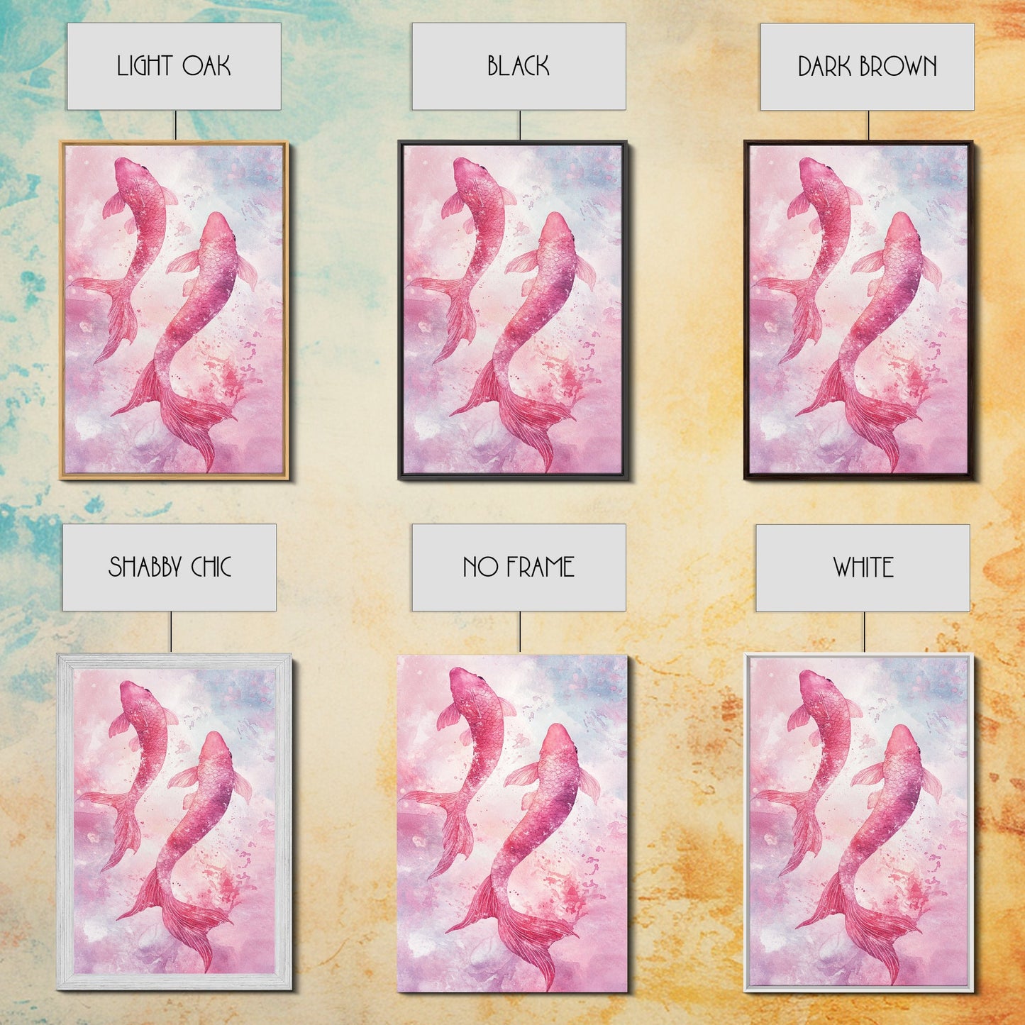 Watercolor koi fish painting in vibrant pink tones, perfect bedroom decor, framed canvas print, whimsical art above bed wall art