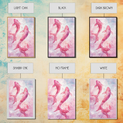 Watercolor koi fish painting in vibrant pink tones, perfect bedroom decor, framed canvas print, whimsical art above bed wall art