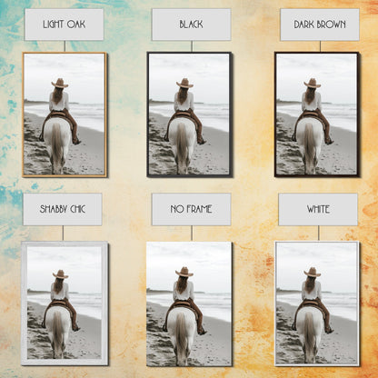 Serene Beach Ride Canvas Print Horse and Ocean Wall Art Coastal Cowgirl Rustic Decor Framed Canvas Home Living Room Artwork Gift