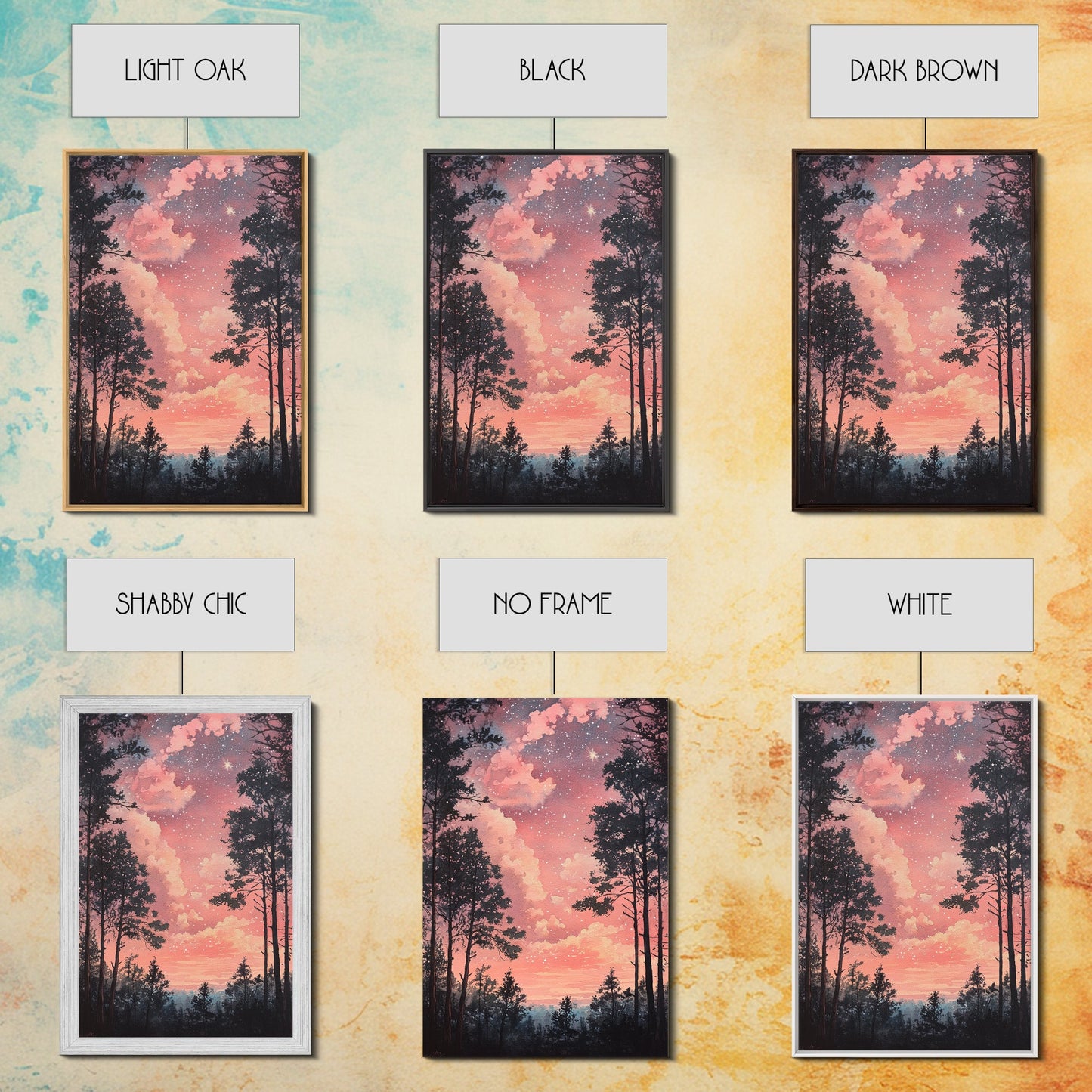 Starry forest scene painting on framed canvas print, forest at dusk painting, smoky mountain art, wabi sabi art, above couch decor