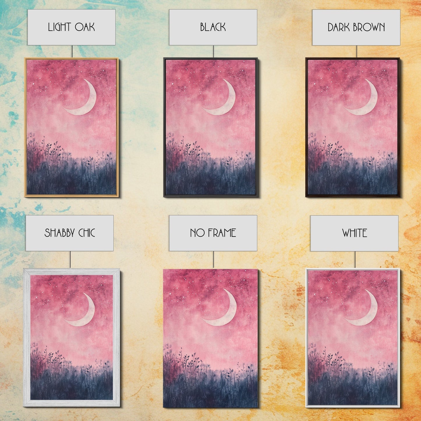 Crescent moon painting on framed canvas print, moody art, pink abstract art, cherry blossom painting, vertical wall art decor