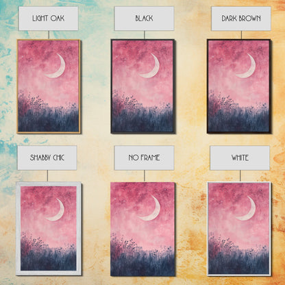 Crescent moon painting on framed canvas print, moody art, pink abstract art, cherry blossom painting, vertical wall art decor
