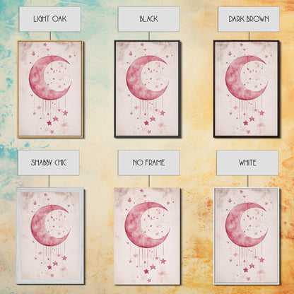 Crescent Moon and Stars Framed Canvas Print Mystical Boho Art Zen Wall Art Light Pink Wall Art Bedroom Art Dreamy Night Sky Decor