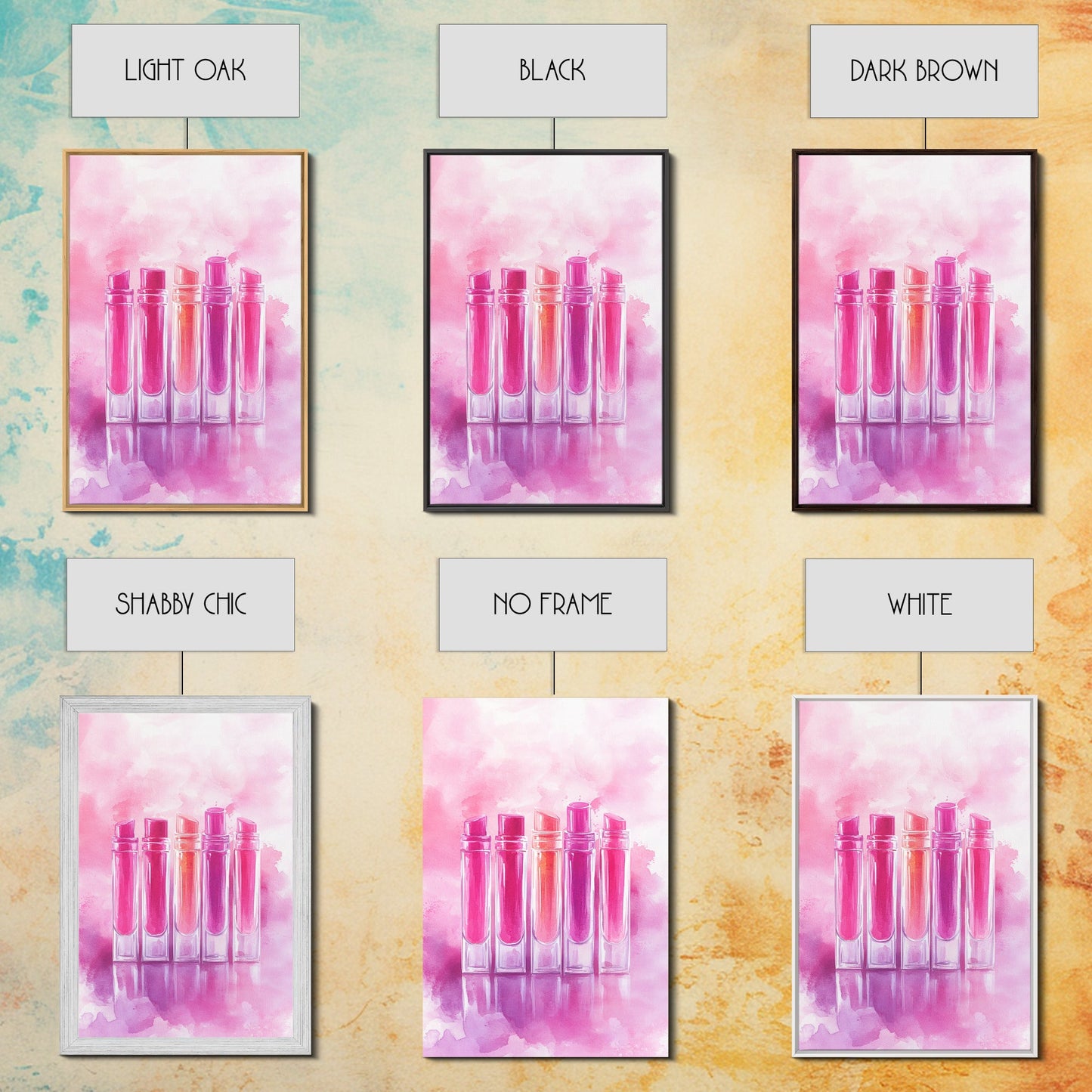 Vibrant lipstick art bold feminine wall decor framed canvas print perfect bedroom or guest room boho aesthetic rustic glam style gift