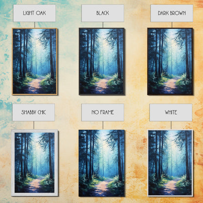 Enchanting Forest Canvas Print, Moody Blue Landscape Painting with Pine Tree Art, Above Sofa Rustic Wall Artwork