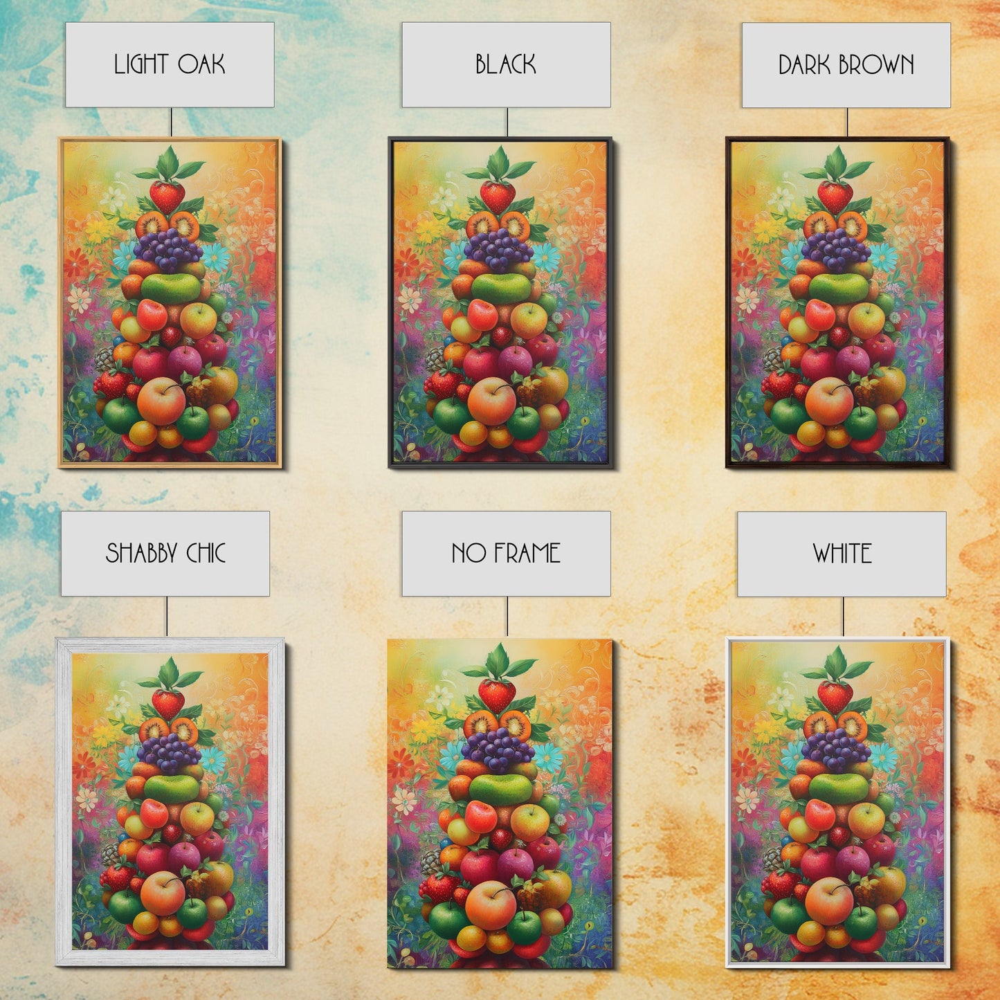 Fruit Pyramid Canvas Print with Whimsical Still Life Art, Vibrant Food Review Wall Art, Rustic Farmhouse Decor for Kitchen or Dining Area