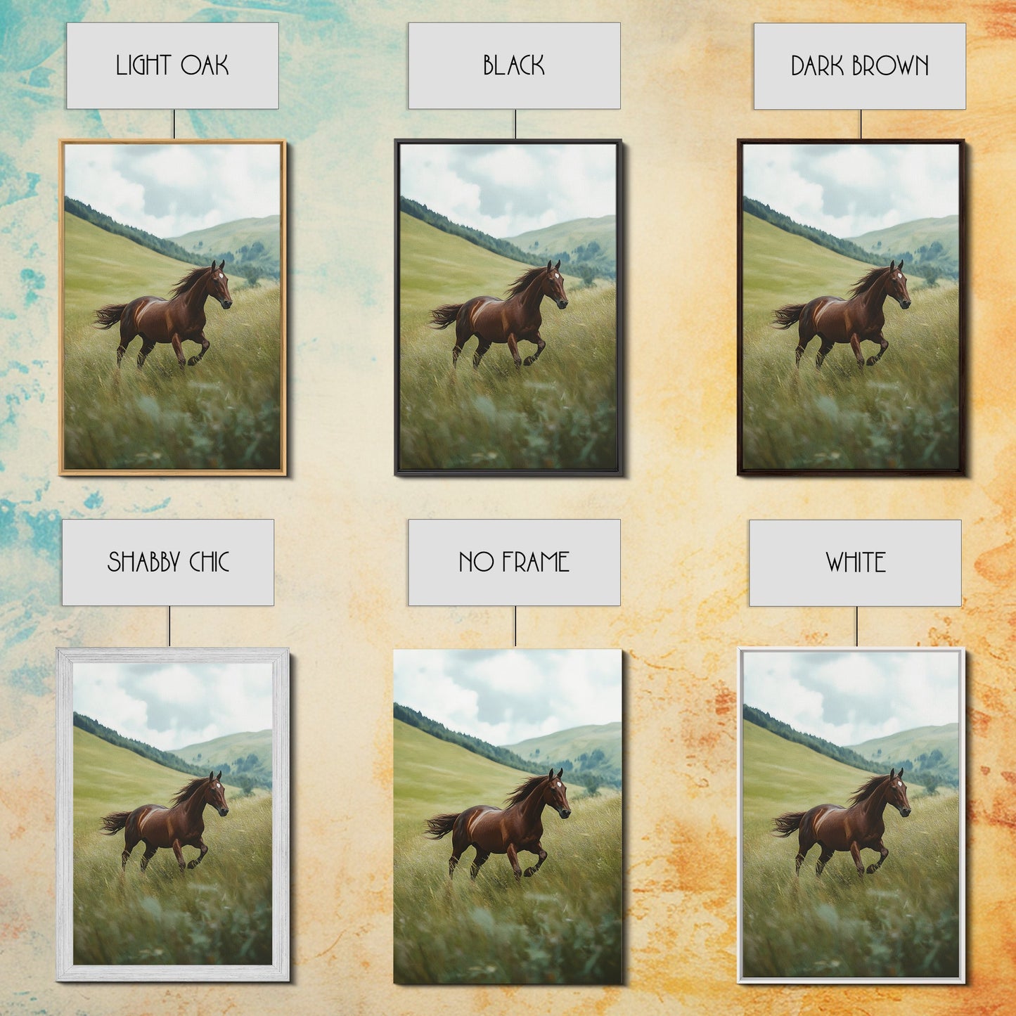 Galloping Brown Stallion Framed Canvas Print Horse Wall Art Rustic Decor Living Room Above Couch Wabi Sabi Style