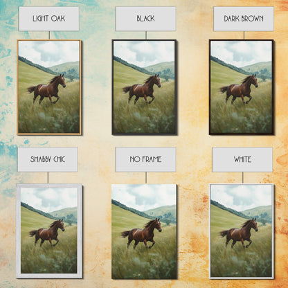 Galloping Brown Stallion Framed Canvas Print Horse Wall Art Rustic Decor Living Room Above Couch Wabi Sabi Style