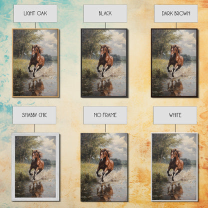 Splashed Stallion Crossing Water Framed Canvas Print Vintage Horse Art Rustic Wall Art Living Room Gift Idea Boho Style