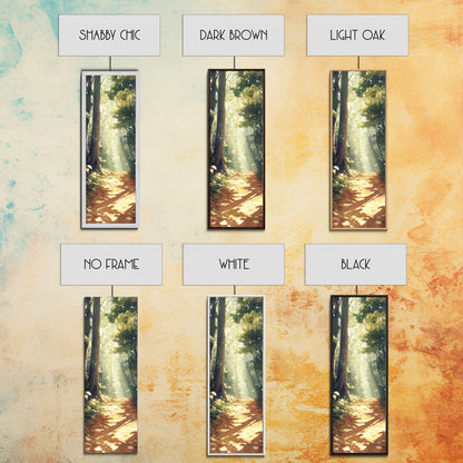 Forest Path, Sunlit Trees, Woodland Art, Framed Canvas Print, Landscape Painting, Tall Narrow Art, Rustic Décor