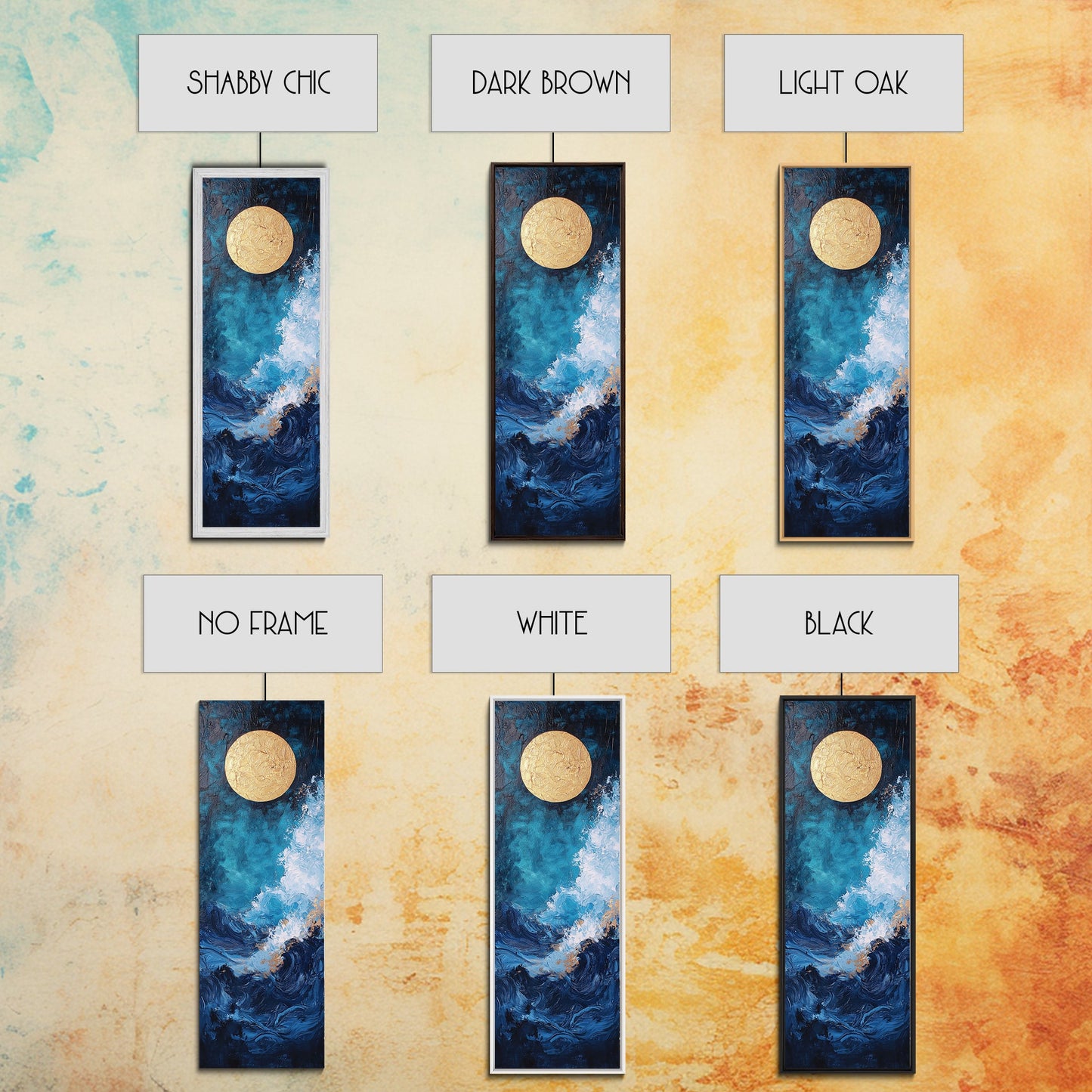 Golden Moon, crashing waves, nautical painting, moody art, coastal wall art, wabi sabi art, framed canvas print, ocean painting