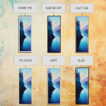 Misty Lake, forest at dusk painting, blue and green wall art, moody art, vertical wall art, pine tree art, framed canvas print