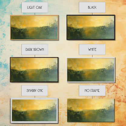 Abstract Landscape, Moody Art, Horizon Painting, Green Wall Art, Extra Wide Art, Panoramic Art, Framed Canvas Print, Living Room Art