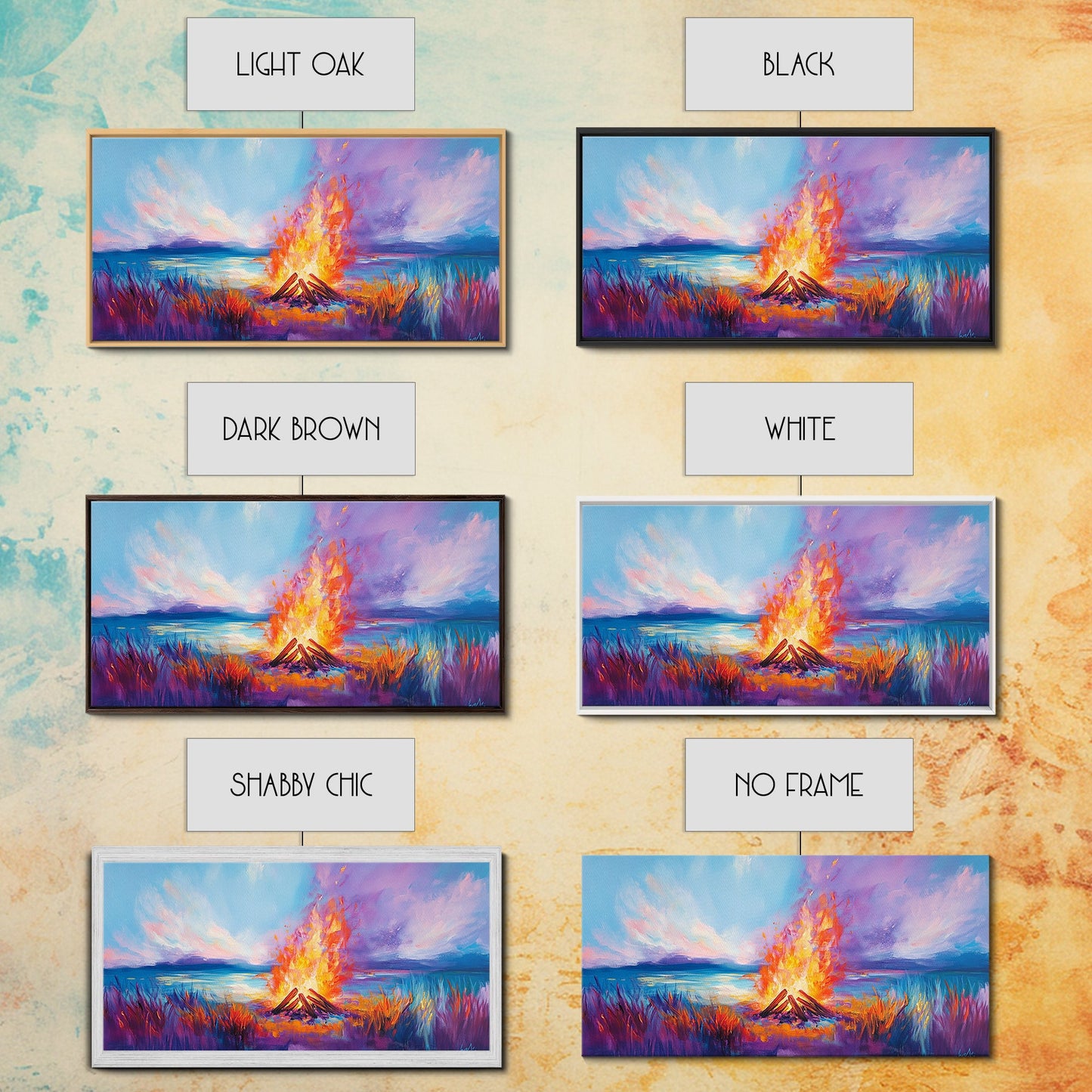 Lagerfeuer bei Sonnenuntergang, Küstenmotiv, Wandbild in Rosa und Orange, Extra breites Bild, Horizontales Wandbild, Gerahmter Leinwanddruck, Stimmungsvolle Kunst