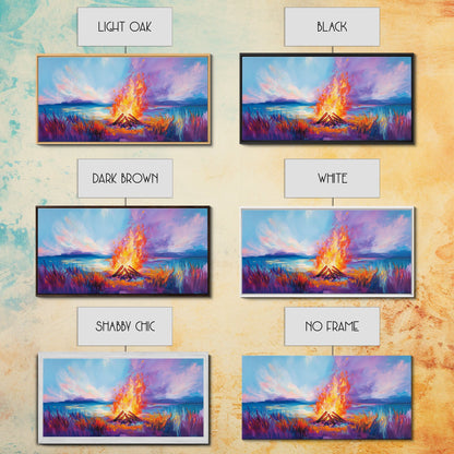 Lagerfeuer bei Sonnenuntergang, Küstenmotiv, Wandbild in Rosa und Orange, Extra breites Bild, Horizontales Wandbild, Gerahmter Leinwanddruck, Stimmungsvolle Kunst