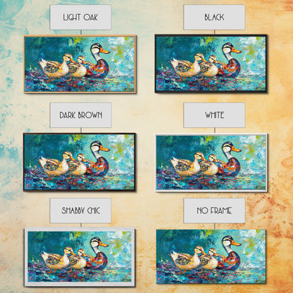 Entenfamilie, Vogelkunst, verspielte Kunst, türkisfarbene Wandbilder, Geschenkidee für sie, Landschaftsmalerei, extra breite Kunstwerke, gerahmter Leinwanddruck