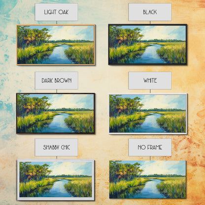 Marschlandschaft-Motiv, Palmenbild, tropische Landschaft, Küstendekor, grüne Wandkunst, rustikale Wandkunst, gerahmter Leinwanddruck