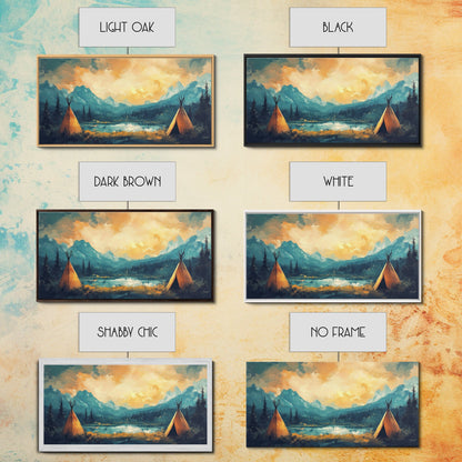 Teepee Camp, southwest wall art, landscape painting, mountain painting, rustic decor, moody art, Framed Canvas Print, panoramic painting