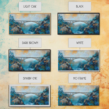 Stahlbrücke, Landschaftsmalerei, Berglandschaft, Panoramabild, gerahmter Leinwanddruck, Wandbild in Blau und Grün