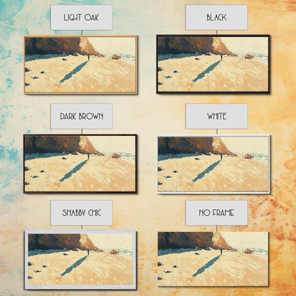 Lone Beach Wanderer, Framed Canvas Print, landscape painting, moody art, wabi sabi wall art, extra wide art, above bed wall art