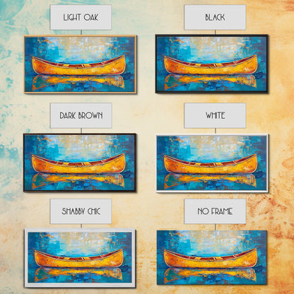 Golden Canoe, Framed Canvas Print, fisherman painting, lake Tahoe art, rustic decor, nautical decor, extra wide art, landscape painting