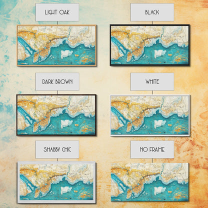 Abstract Map Art, Coastal Decor, Nautical Painting, Extra Wide Art, Framed Canvas Print, Blue and Green Wall Art