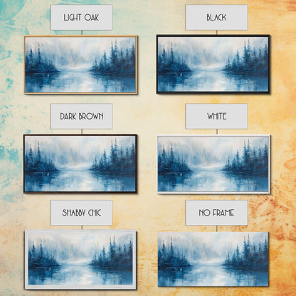 Neblige Seelandschaft, Stimmungsvolle Kunst, Kiefernlandschaft, Landschaftsgemälde, Gerahmter Leinwanddruck, Schlafzimmerkunst, Wandbild über dem Bett