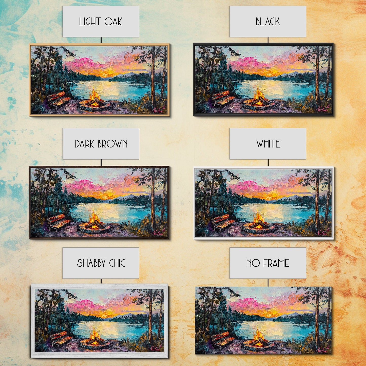 Campfire by Lake, Mountain Painting, Landscape Art, Moody Art, Framed Canvas Print, Above Sofa Art, Wabi Sabi Art, Rustic Decor