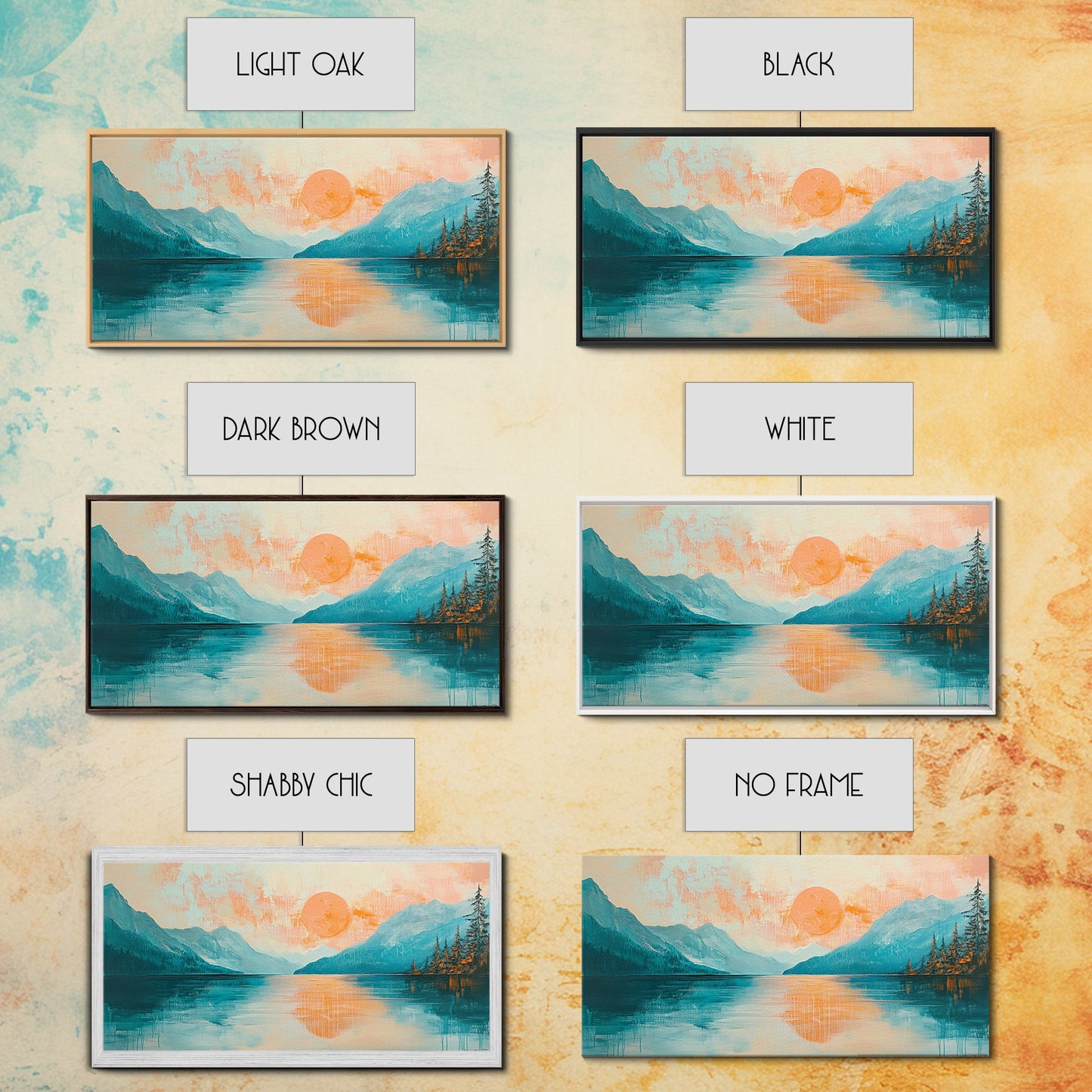 Sunset Lake, Kunst vom Lake Tahoe, gerahmter Leinwanddruck, rosa-orange Wandbild, horizontales Wandbild, Seestück, Küstendeko