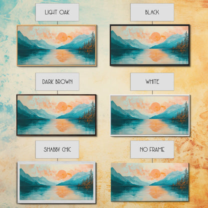 Sunset Lake, Kunst vom Lake Tahoe, gerahmter Leinwanddruck, rosa-orange Wandbild, horizontales Wandbild, Seestück, Küstendeko