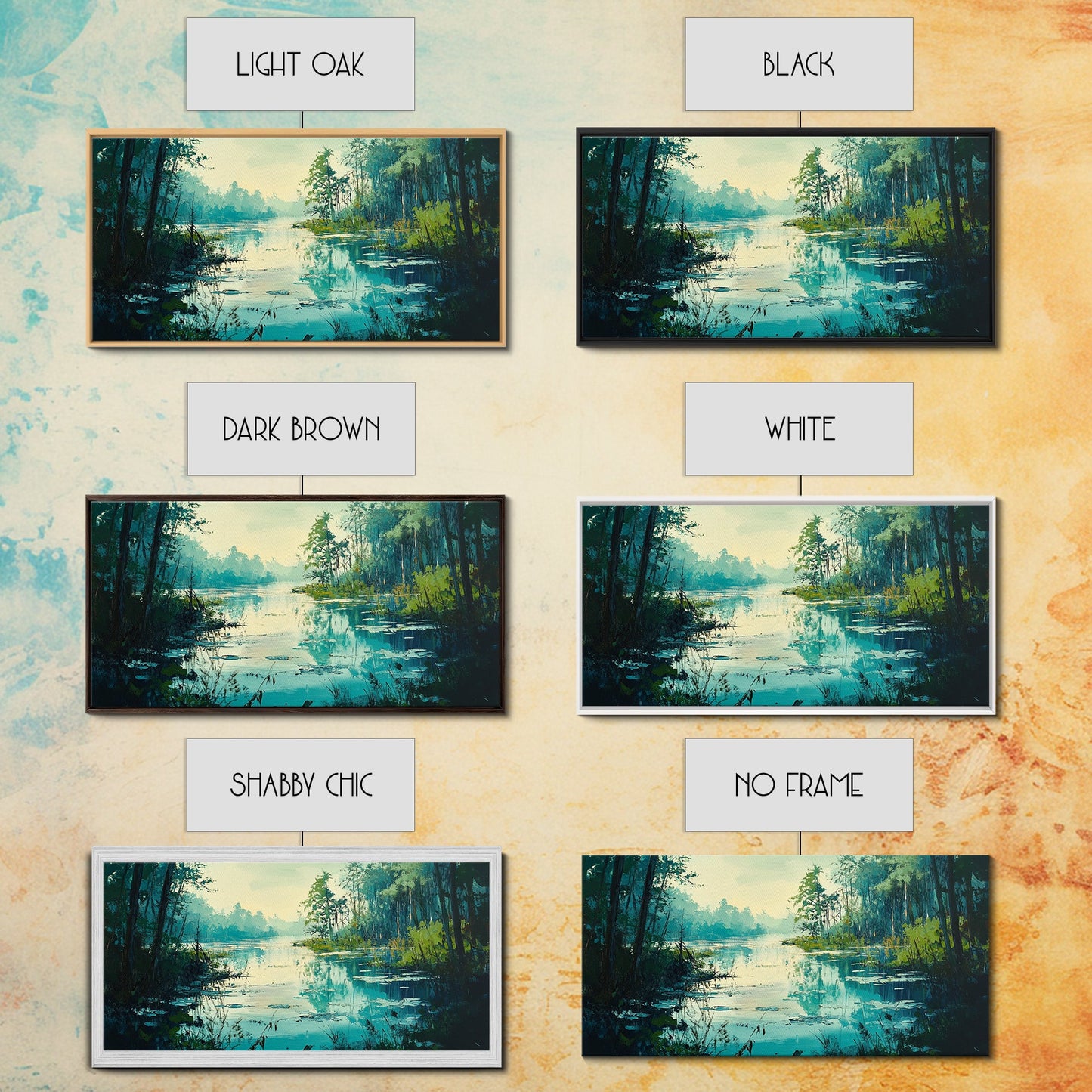 Tranquil lake, misty trees, landscape painting, extra wide art, wabi sabi art, minimalist art, framed canvas print, above couch art