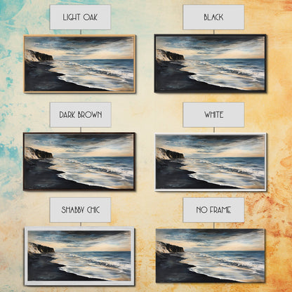 Moody beach, dark ocean, seascape painting, panoramic art, extra wide art, nautical painting, framed canvas print, above sofa art