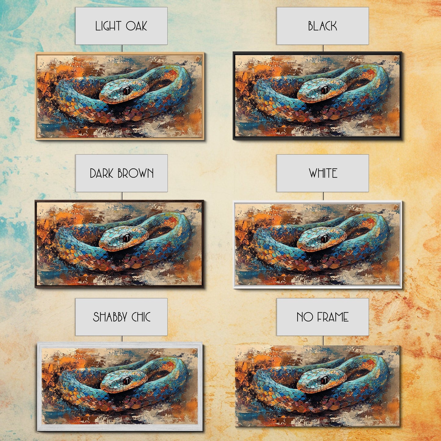 Blue Snake, abstract animal art, framed canvas print, moody art, wildlife painting, bold colors, rustic decor, modern wall art