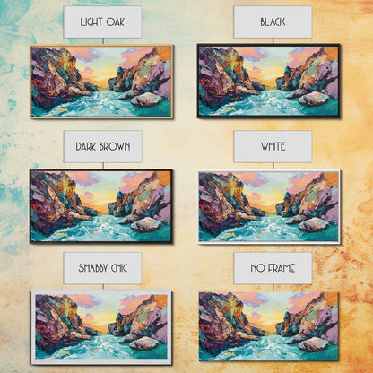 Sonnenuntergang in einer Küstenschlucht, Panoramagemälde, extra breites Kunstwerk, gerahmter Leinwanddruck, Seestück, Wandbild aus dem Südwesten