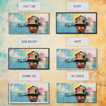 Colorful boathouse, lake reflection, coastal decor, seascape painting, nautical wall art, framed canvas print, extra wide art, gift idea