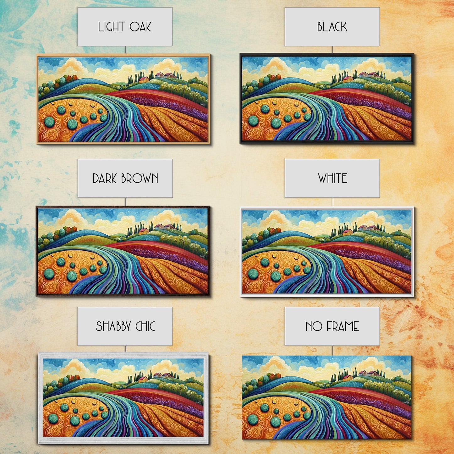 Whimsical Hills, rolling landscape, colorful fields, abstract nature, bold painting, extra wide art, Framed Canvas Print, rustic art