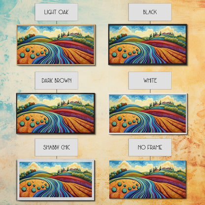 Whimsical Hills, rolling landscape, colorful fields, abstract nature, bold painting, extra wide art, Framed Canvas Print, rustic art