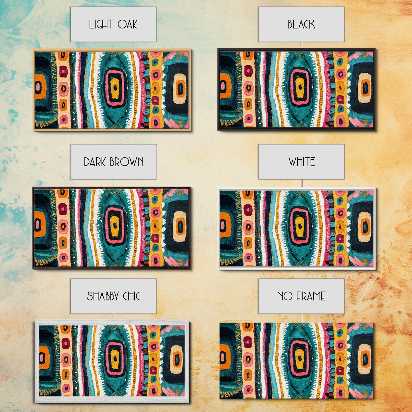 Geometric Abstract, bold colors, sacred geometry art, tribal design, vibrant patterns, extra wide art, Framed Canvas Print, boho art