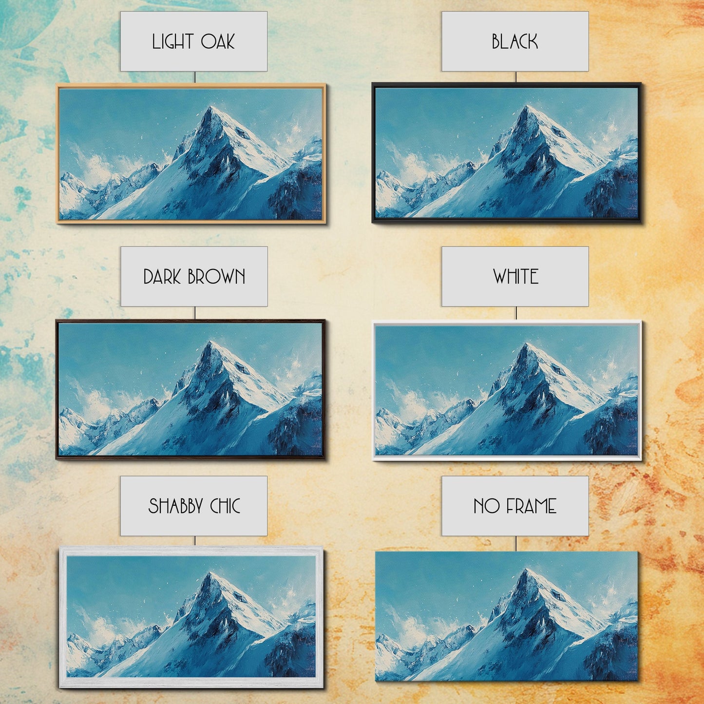 Berglandschaft-Malerei, Blau-Weiß-Kunst, Schneebedeckte Gipfel, Gerahmter Leinwanddruck, Rustikale Dekoration, Minimalistische Kunst, Extra breites Kunstwerk
