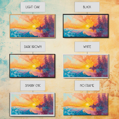 Feuriger Sonnenuntergang, Stimmungsvolle Kunst, Kunst vom Lake Tahoe, Farbenfrohe Landschaft, Wandkunst aus dem Südwesten, Panoramagemälde, Gerahmter Leinwanddruck, Naturkunst